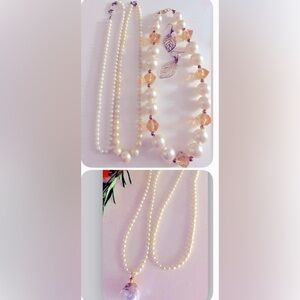5 pc Vintage Faux pearls: necklaces Peach, Cream, Fairy  stars; leaf earrings